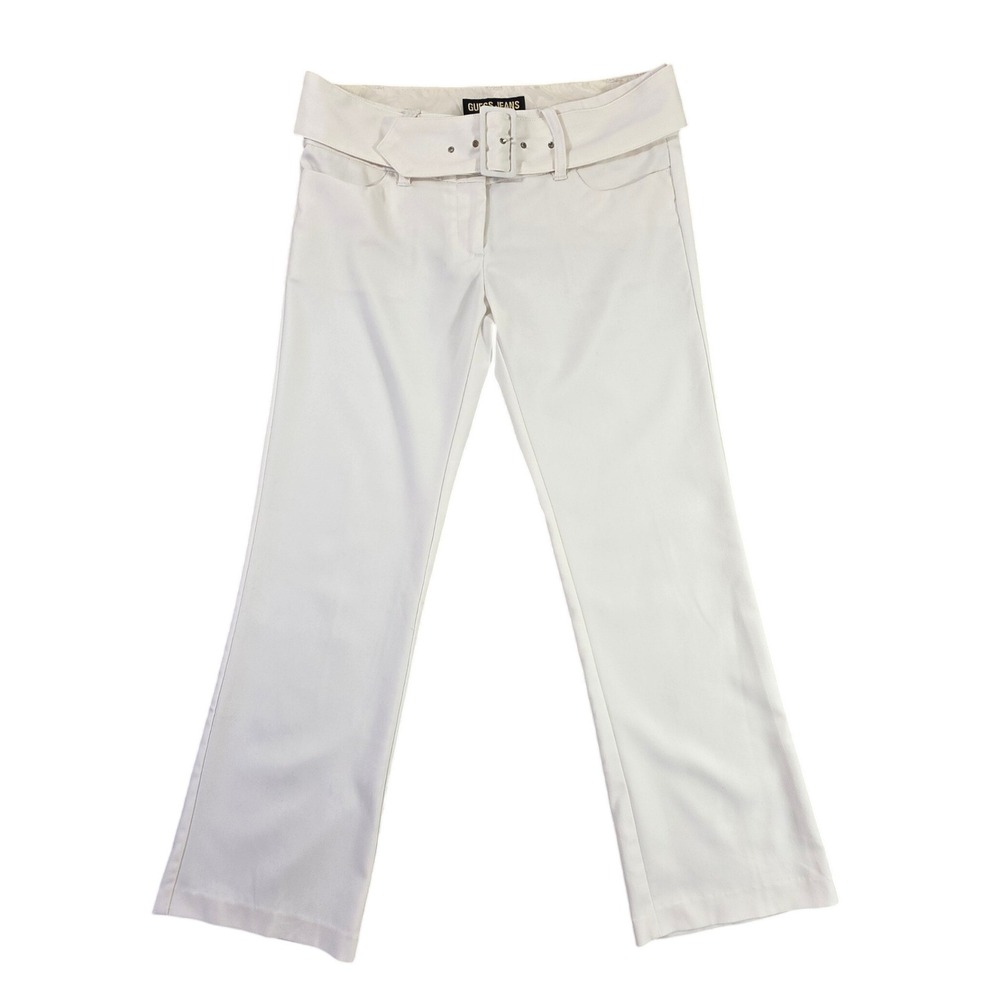 Guess Jeans Womens White Belted Wide Waistband Flare Trousers Size 30 Y2K Style